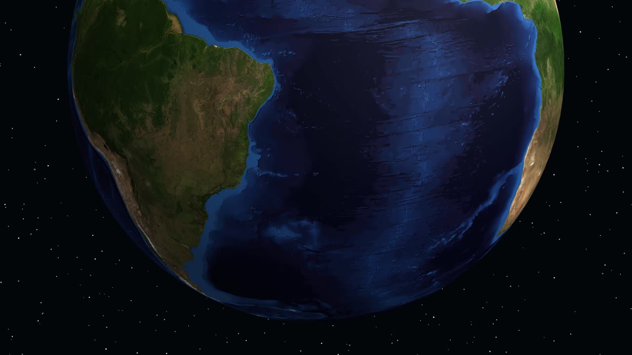 Digital earth rotates and zooms into South America, highlighting Chapeco with a location pin