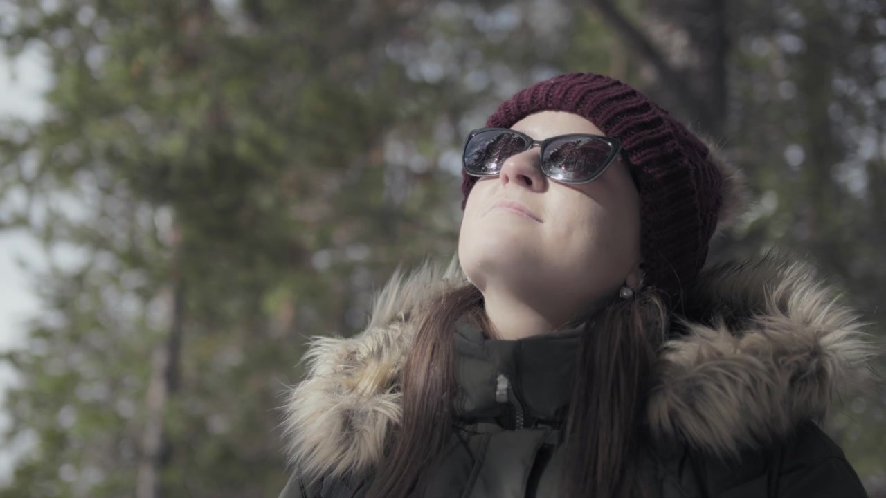 Woman hiking through the pine forest on a sunny winter day