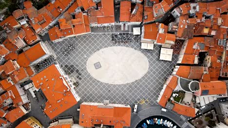 overhead aerial view of old town piran square, slovenia.