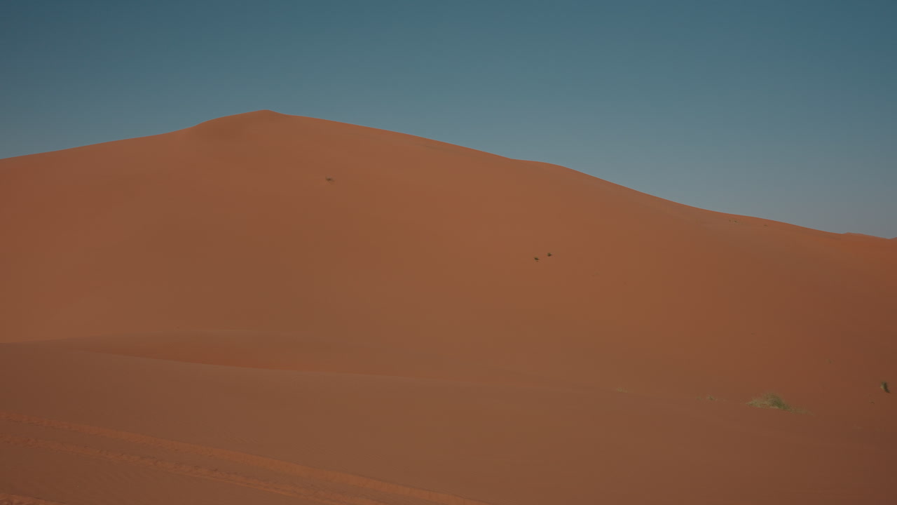 Grande duna di sabbia arancione che si innalza verso una cima con dune stratificate sottostanti sotto un cielo azzurro limpido nell'Erg Chebbi