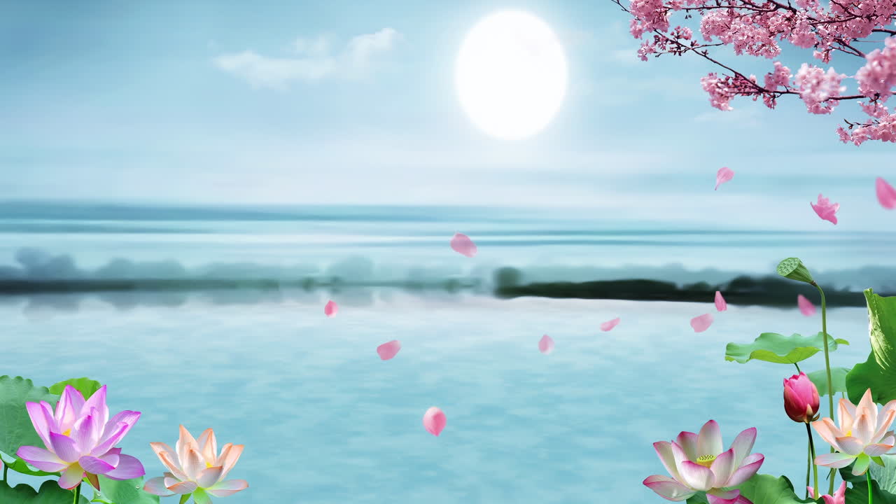 신비로운 풍경: 중국의 전통적인 동양 디지털 예술 애니메이션, 중국 레트로 페인팅 잉크, 꽃, 나무, 새, 흐린 배경의 강