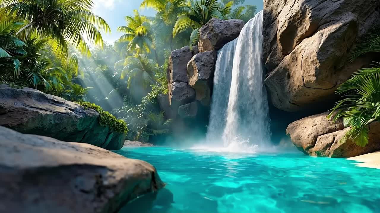 A waterfall in the middle of a tropical jungle with a pool of water