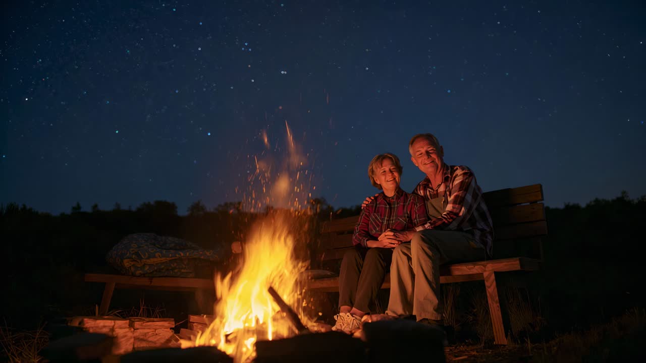 Crackling campfire causing senior couple sitting bench at camp holding hands in flannel, copy space