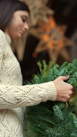 woman decorating a christmas wreath