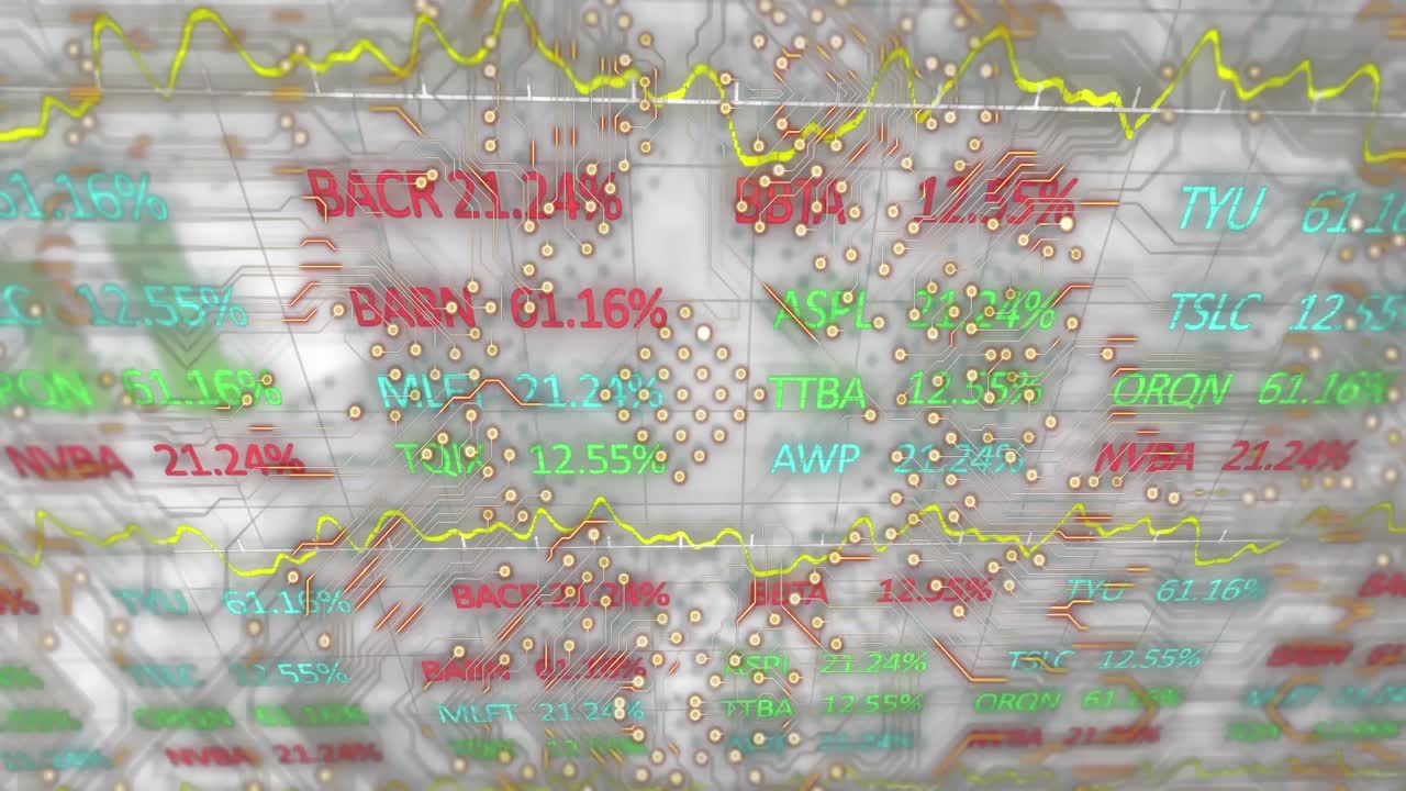 Animation of financial graphs and data over grey background and integrated circuit