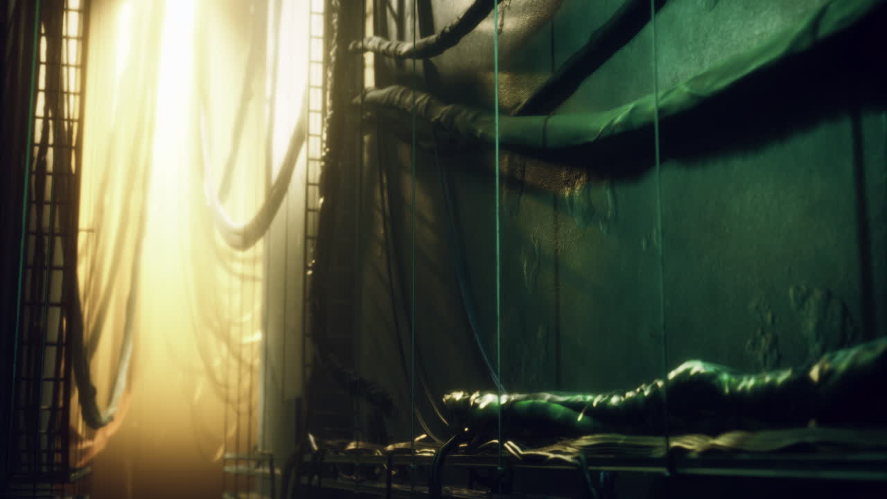 Exploring a dimly lit corridor with wires and shadows in a mysterious setting