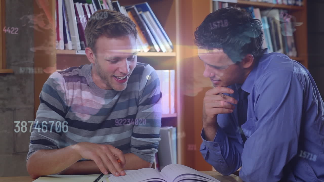 animación de números sobre estudiantes varones caucásicos que aprenden juntos