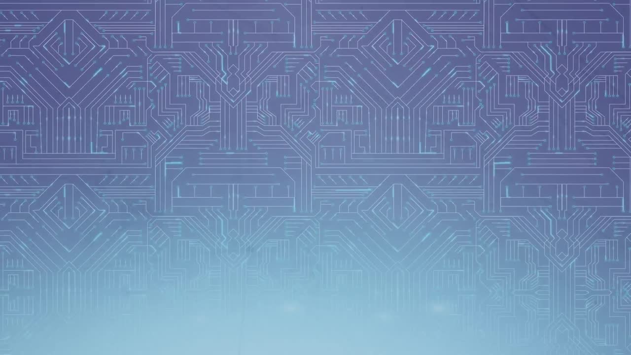 animación de rastros de luz sobre conexiones de microprocesador contra un fondo azul gradiente.
