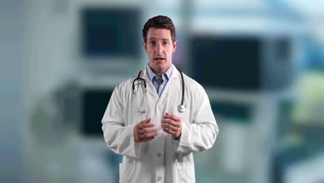 retrato de un médico caucásico hablando mirando a la cámara contra el hospital en el fondo