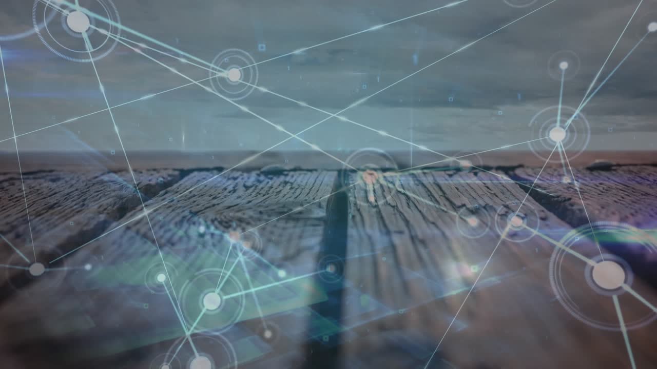 Animation of network of connections over sky an wooden deck