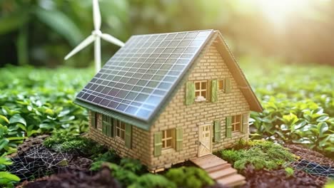 a small house is built on top of a hill with a wind turbine in the background. the house is surrounded by green grass and bushes