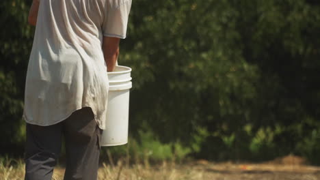 Farmer-guy-throwing-in-slow-motion-powdered-dry-fertilizer-from-bucket-to-ground