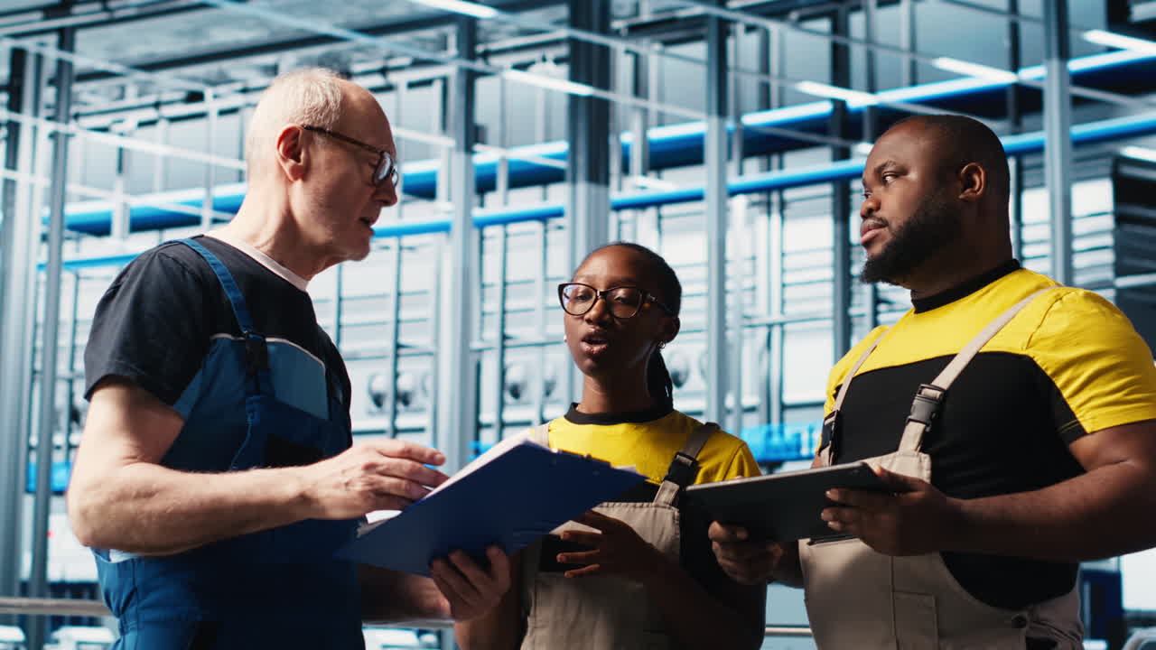 Smart factory engineering team coworkers monitor system performance