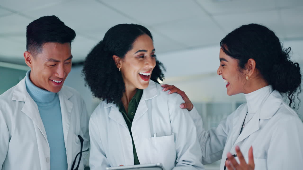 Science people, high five and tablet for teamwork