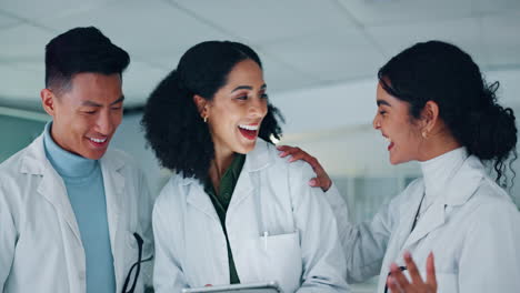science people, high five and tablet for teamwork