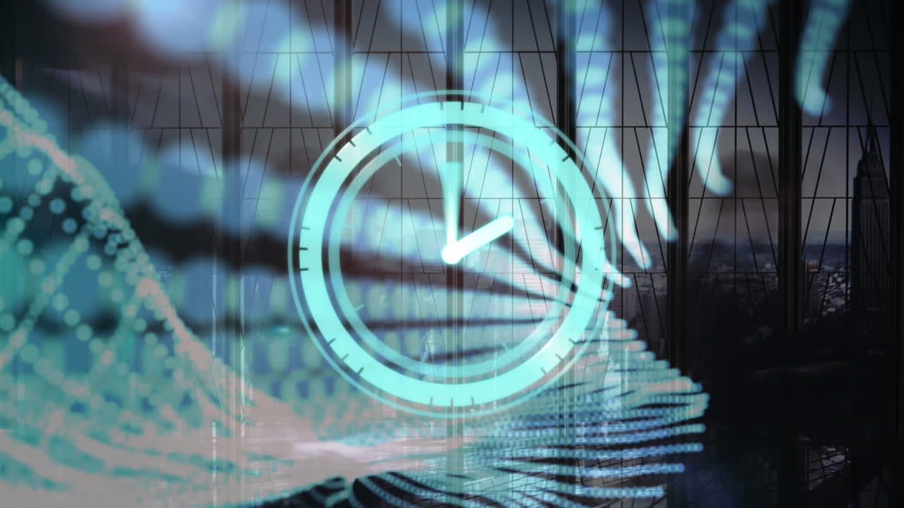 Animation of clock moving fast over pedestrians walking in fast motion