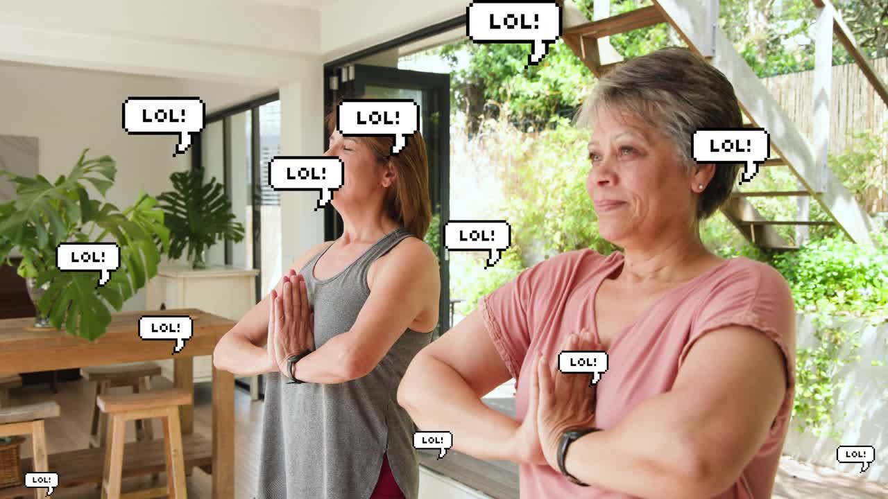 Two women after cue, moving arms up to chest prayer for health, LOL bubbles increasing around