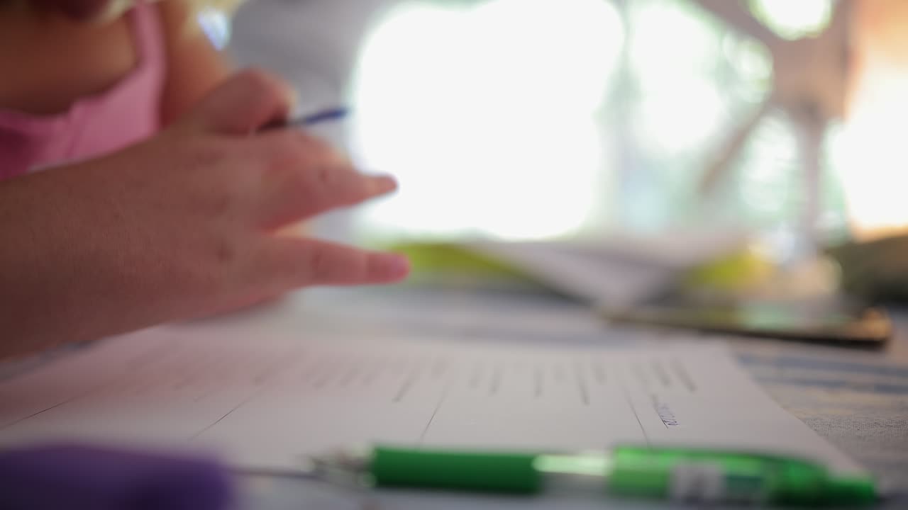 Narrow focus closeup: Girl does homework at desk in bright room at home
