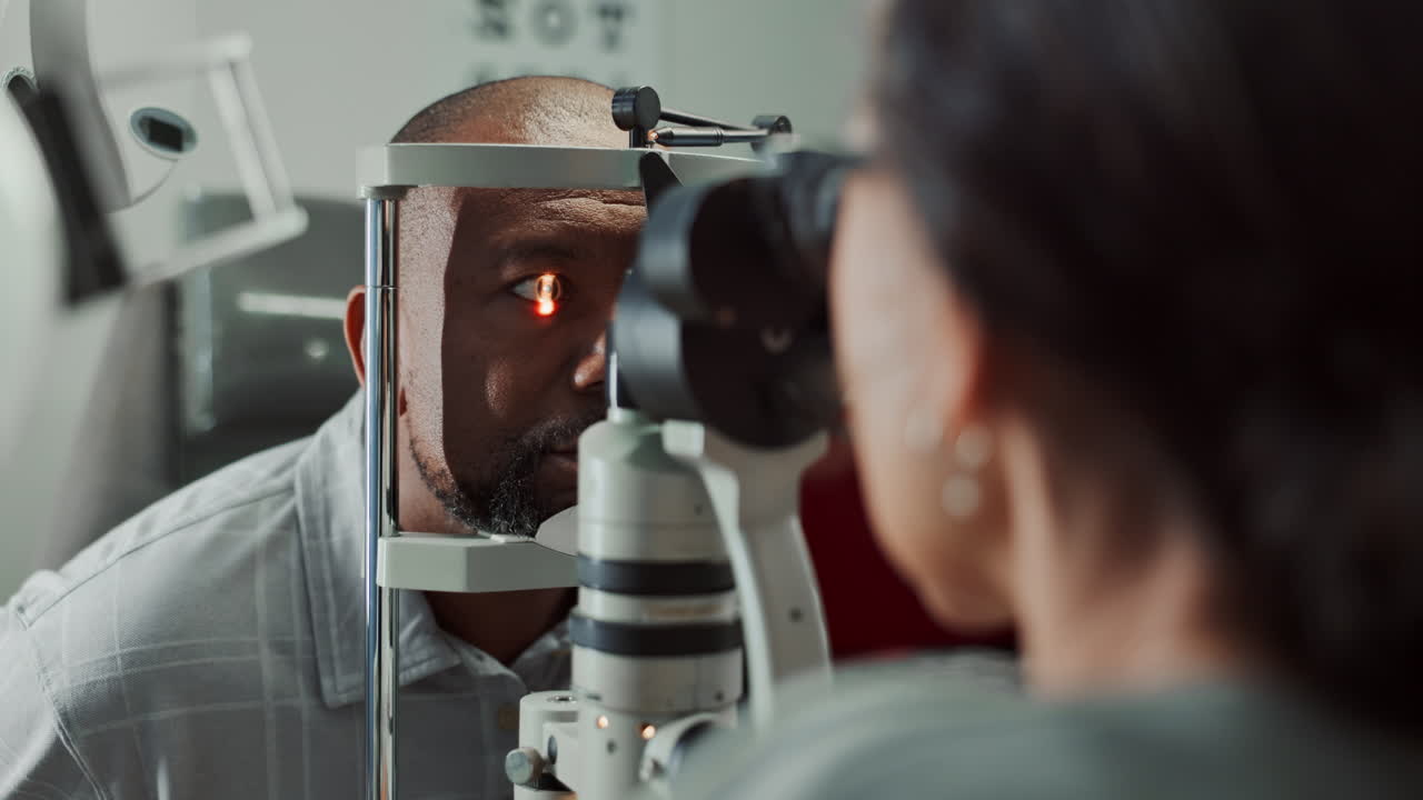 A man is having his eyes checked by an eye doctor.