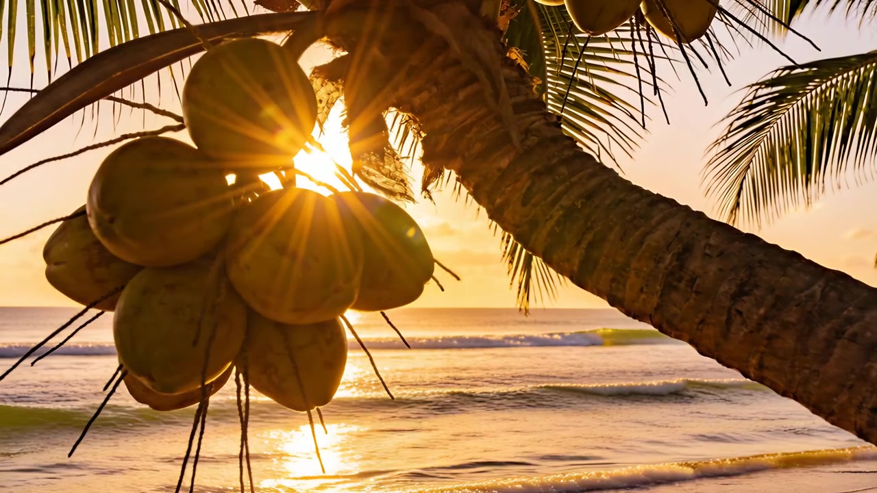 Shifting green coconuts revealing shapes on tropical beach at sunset, sun slipping behind fronds