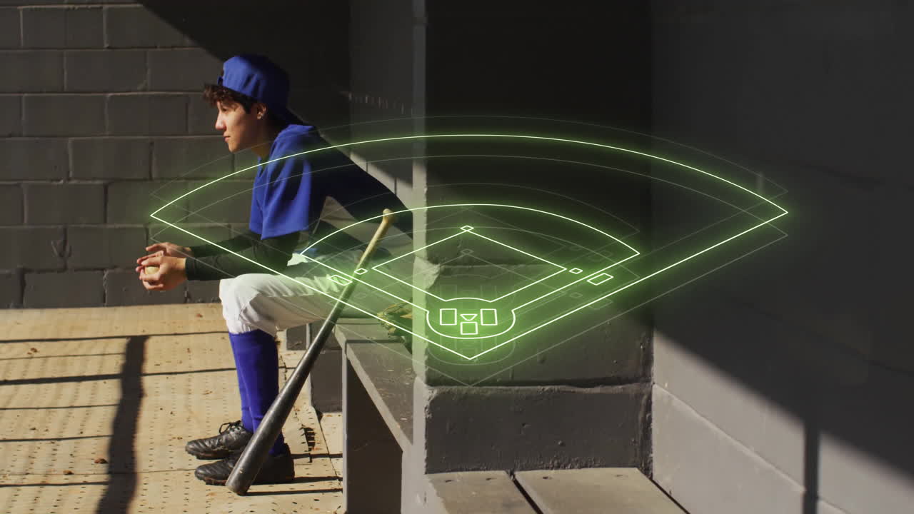 Sitting on bench, baseball player with bat over field diagram animation