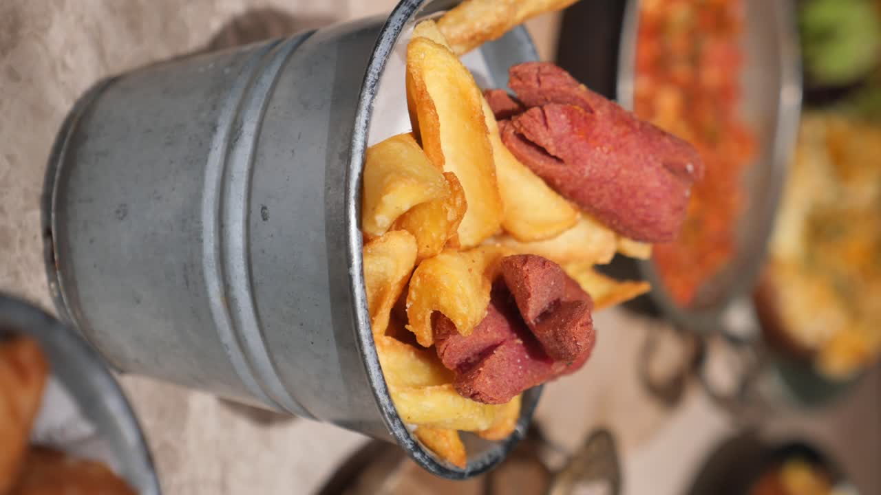 French fries and cut hot dogs served in a metal bucket