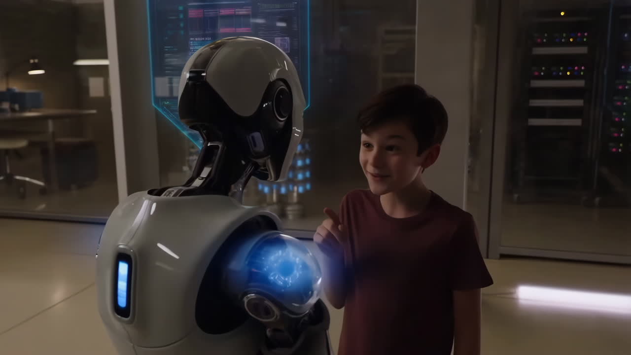 A Young Boy Interacting with a Futuristic Robot