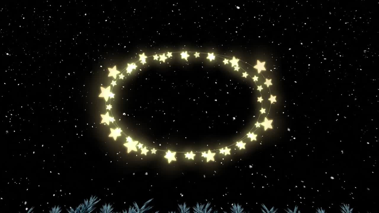 animación del marco de luces de hadas con espacio de copia sobre la nieve que cae sobre un fondo negro