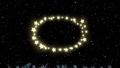 animation of fairy lights frame with copy space over snow falling on black background