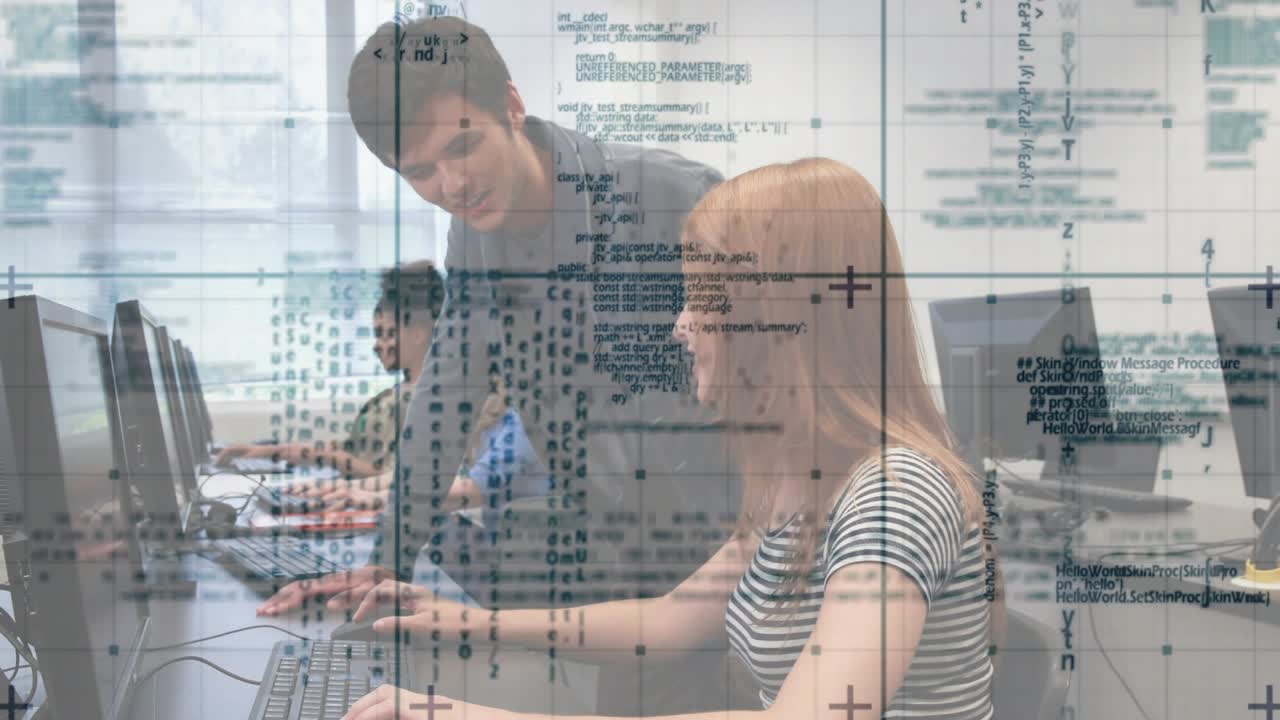 Female student typing in tech lab, male tutor pointing at monitor, guiding coding with code overlay