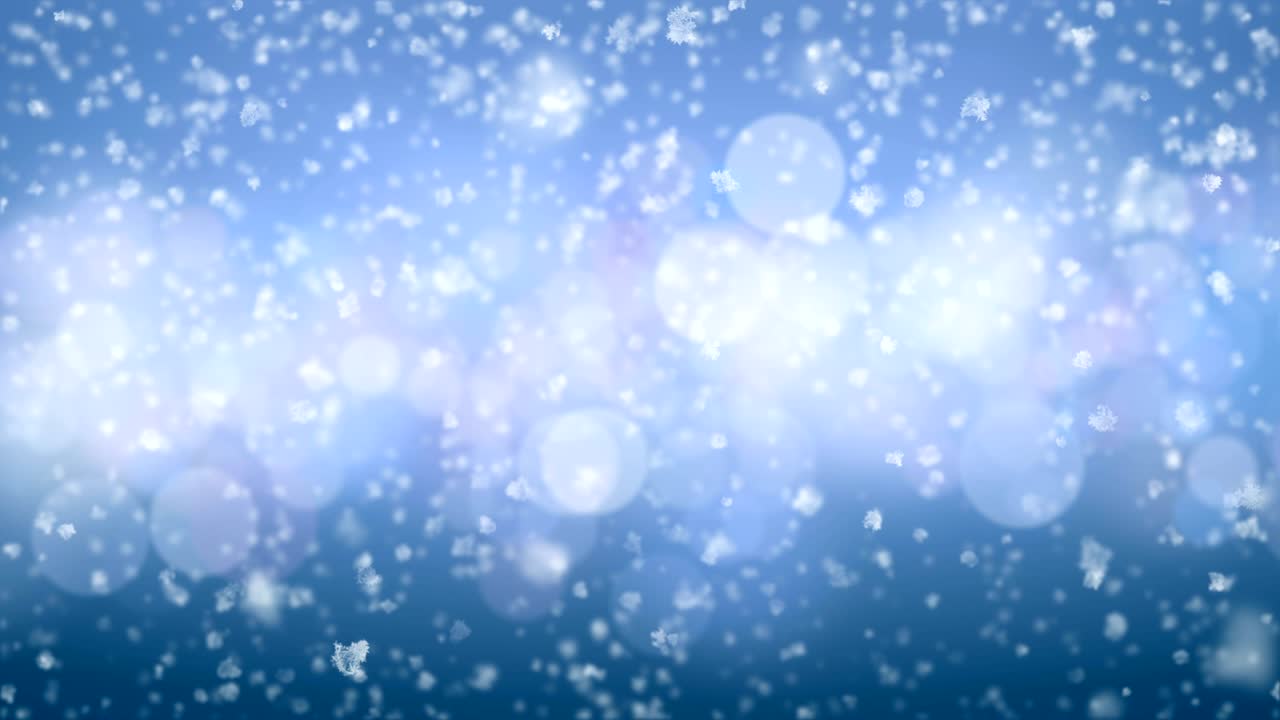 hermosos copos de nieve de primer plano cayendo lentamente sin costuras con borrón dof en el fondo bokeh azul. animación en bucle 3d en cámara lenta.