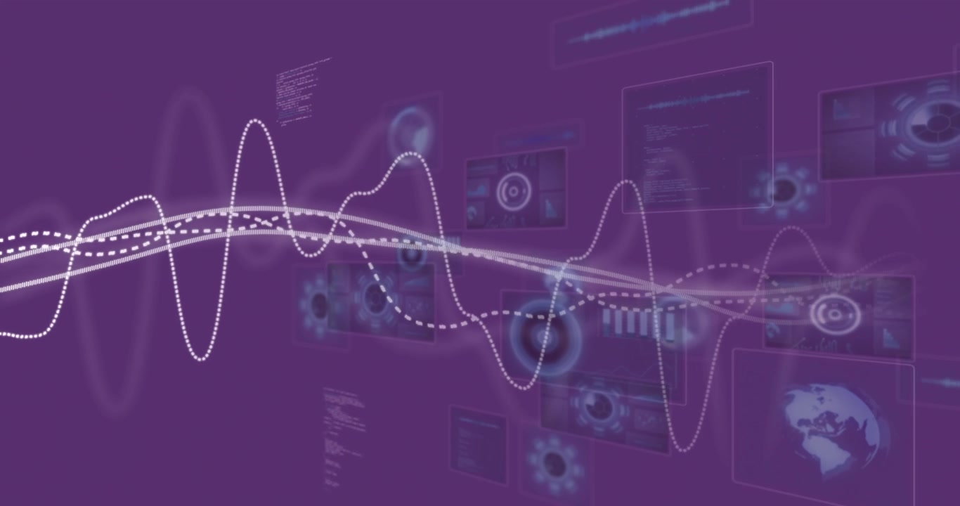 Animation of digital data processing over purple background
