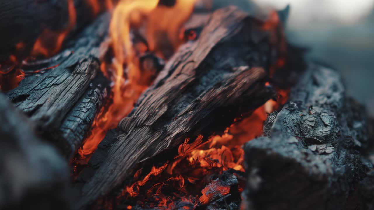 Intense Flames and Glowing Embers: A Close-Up of Burning Wood in a Campfire Setting, Capturing the Vibrant Colors and Textures of Fire and Charred Logs