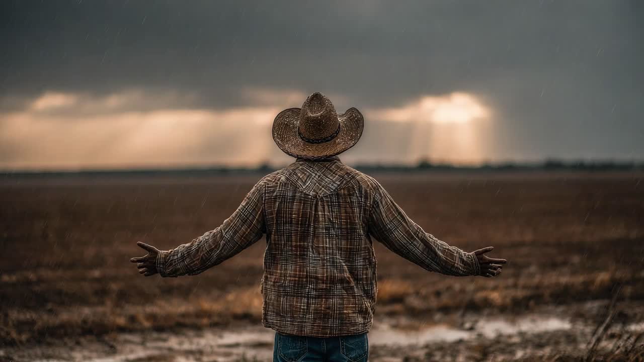 A solitary figure stands in a vast, open field beneath dramatic clouds, arms outstretched as sunlight breaks through, evoking a sense of freedom and connection with nature