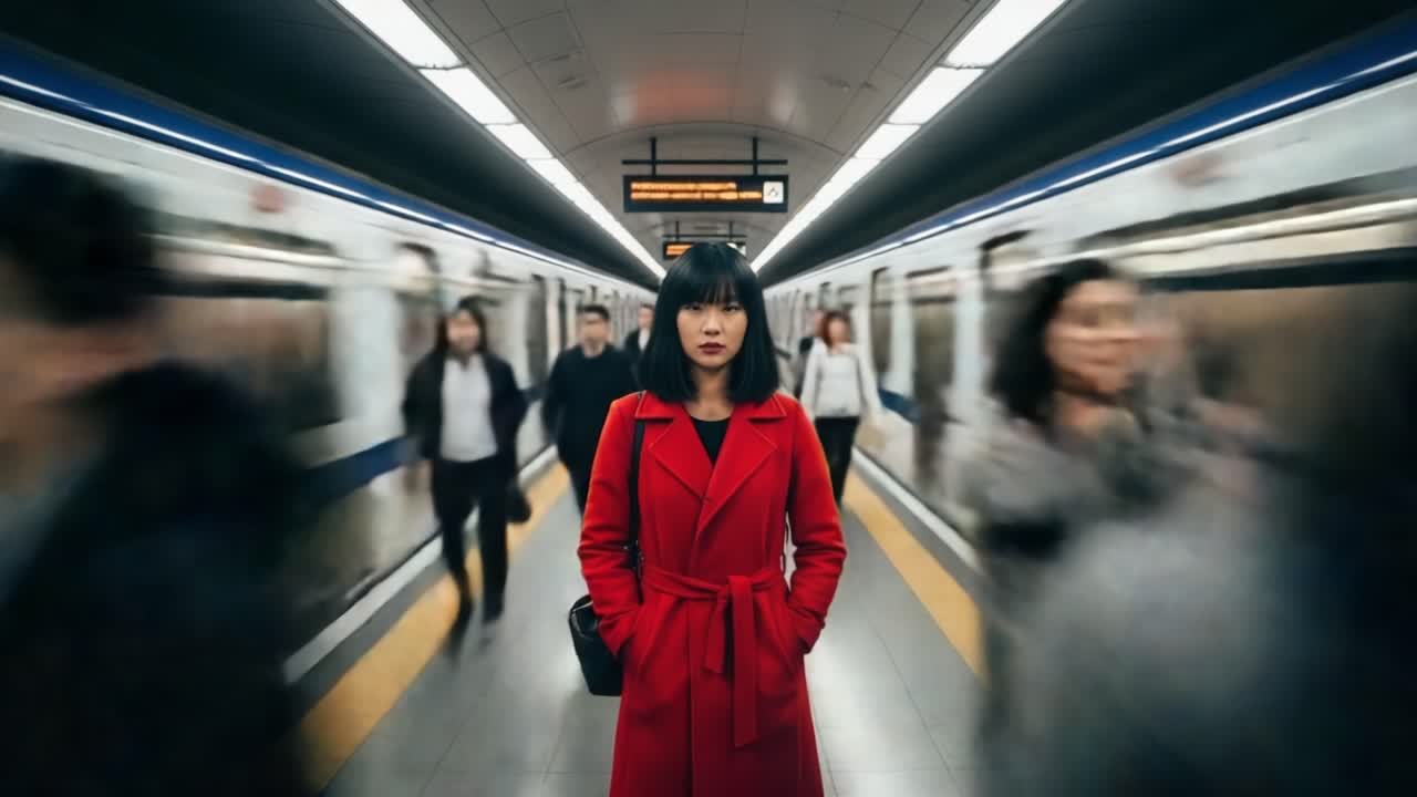 A solitary figure in a striking red coat stands still amidst the bustling crowd of commuters at a subway station, capturing a moment of contrast and stillness in motion