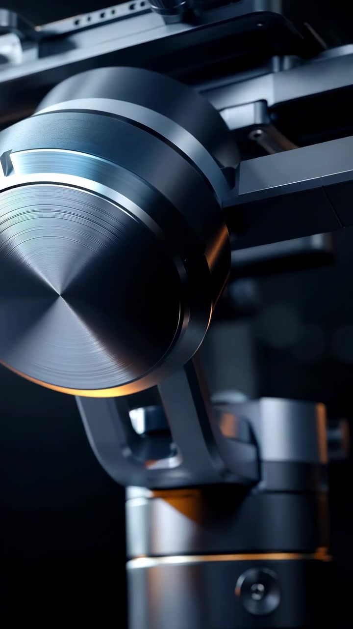 Camera advances from close view of stabilizer frame toward extreme detail of round metal housing, exposing fine concentric grooves, silver surfaces, dark structure, and amber reflections.