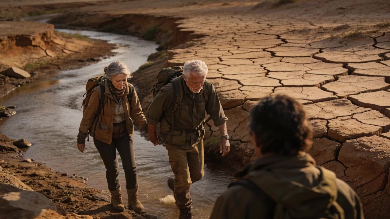 Walking senior couple crossing creek after spotting companion ahead, wearing backpacks and jackets