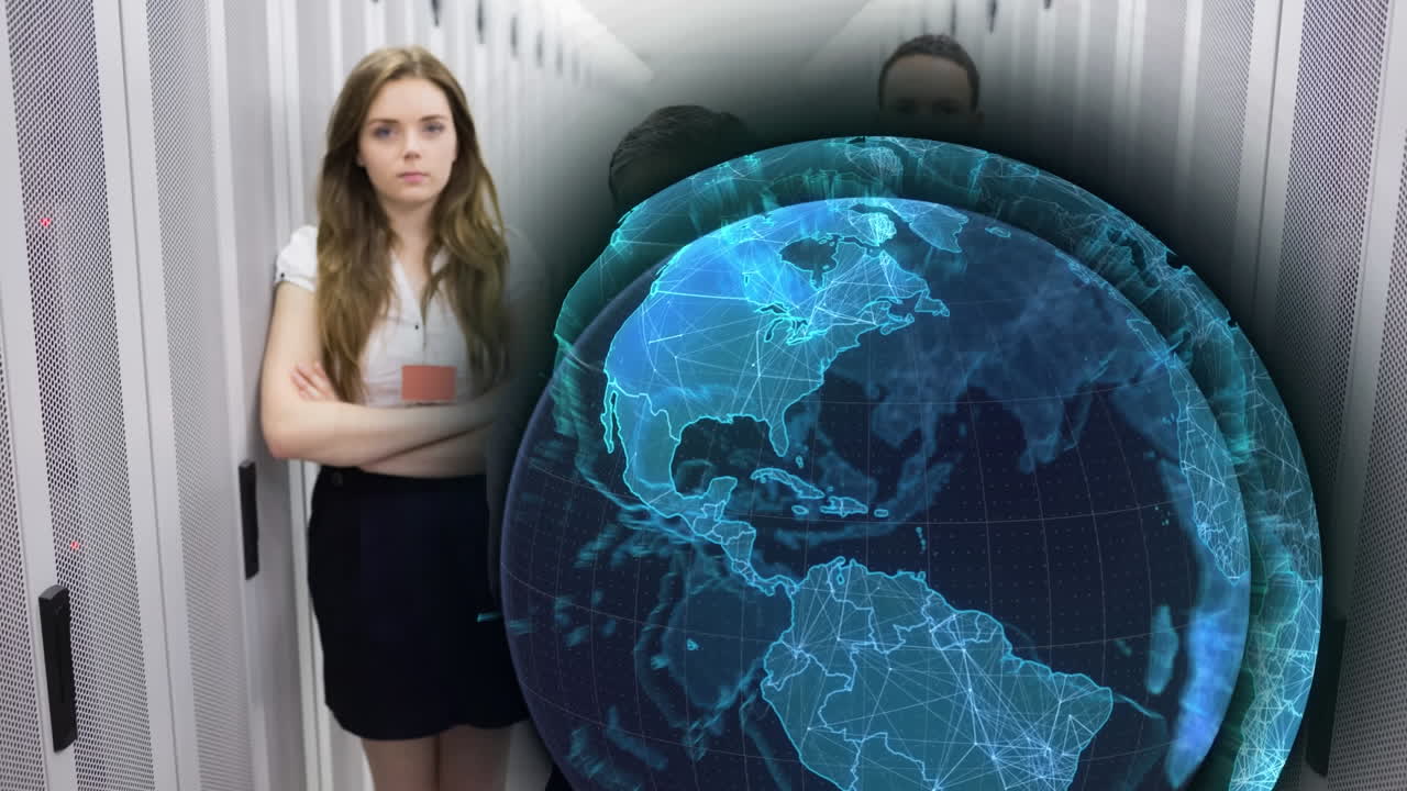 animación del globo sobre diversas personas en la sala del servidor