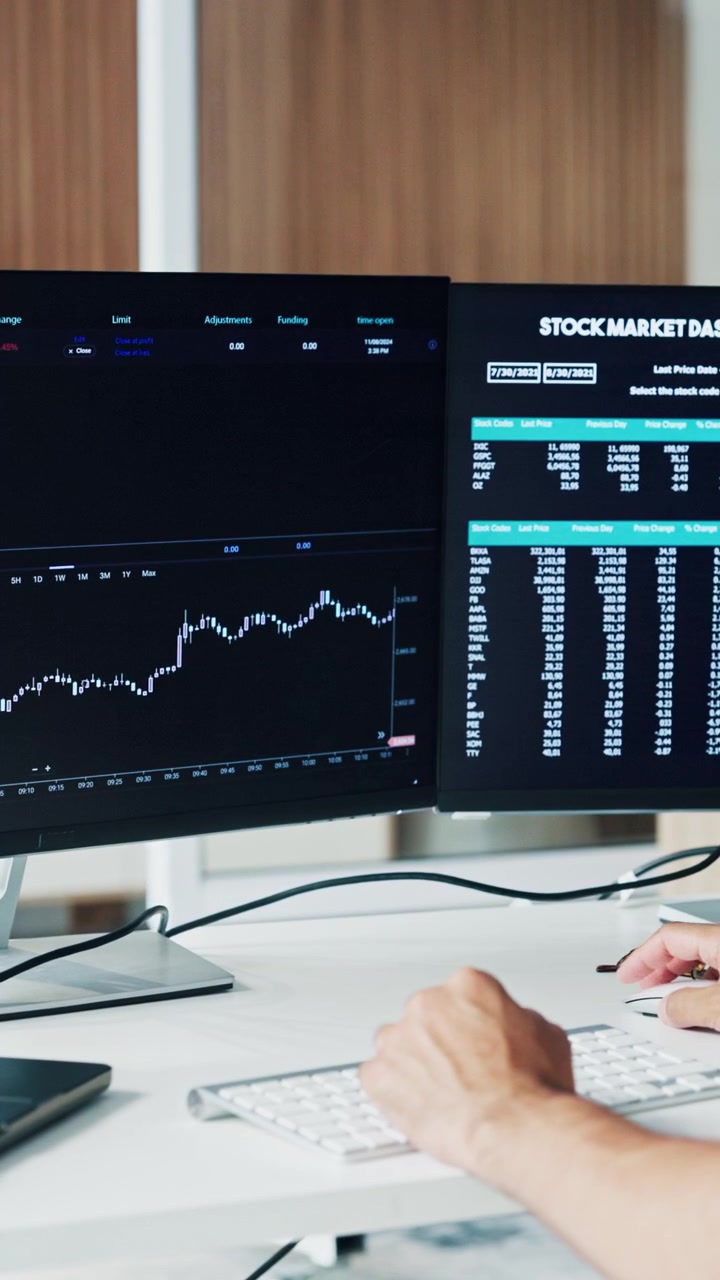 Stock Trader Analyzing Market Data on Dual Monitors