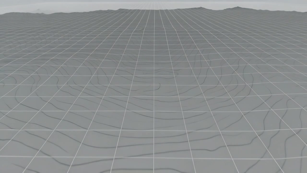 Animating grid mesh expanding from center bump forming circular ripples in 3D virtual camera