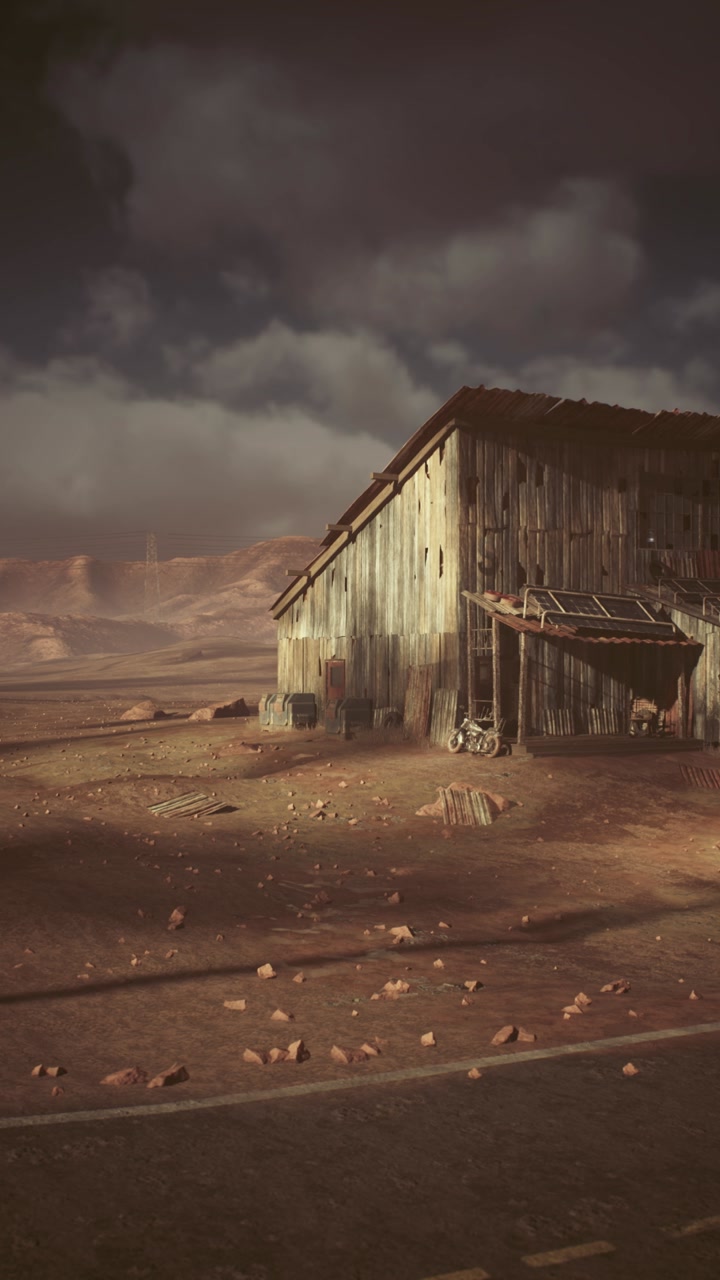 Decaying refuge under stormy sky with debris indicating forsaken survival