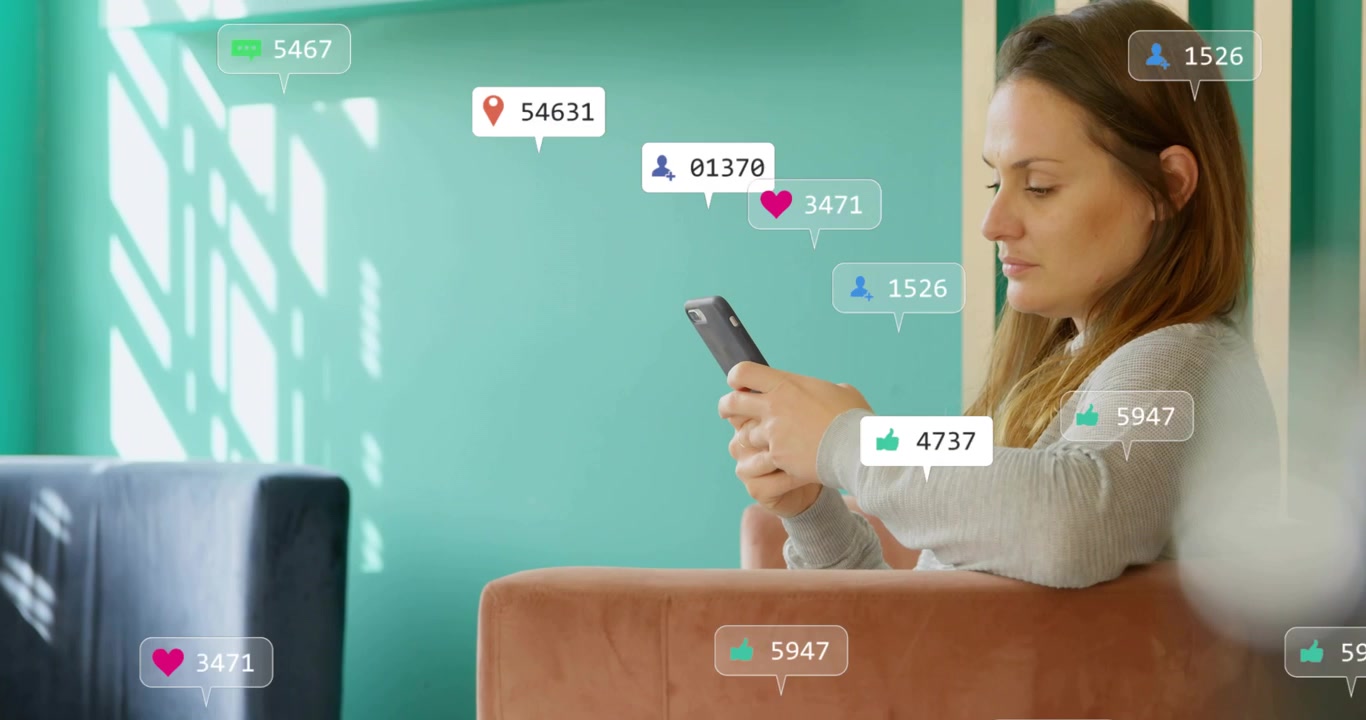 Woman tapping phone on rust chair, showing animated social icons growing near phone drifting left