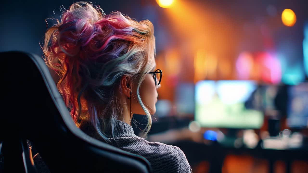 A Glimpse into Online Gaming: A Young Woman Enjoys a Thrilling Moment in Front of Her Computer, Surrounded by Vibrant Colors and High-Energy Lights in a Competitive Atmosphere
