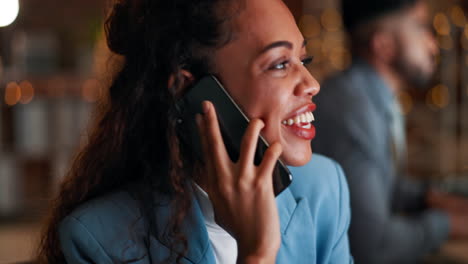 happy, talking and woman on a phone call at work