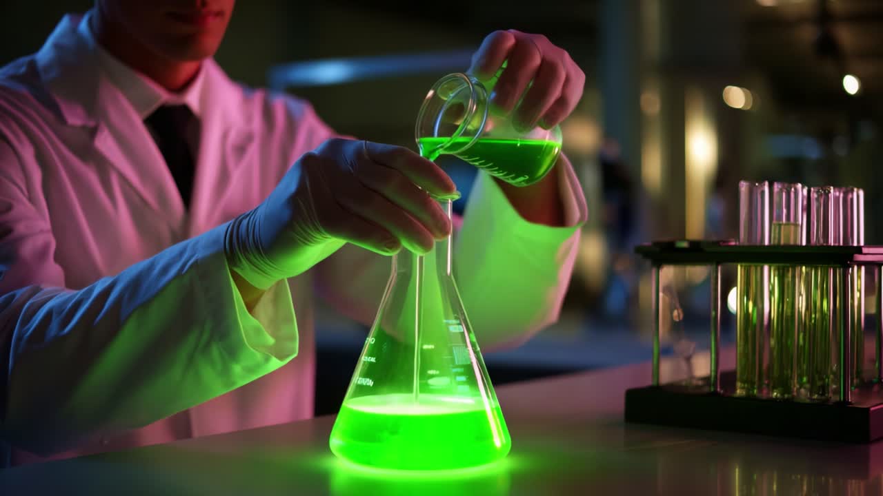 A scientist in a lab coat conducts an experiment, carefully pouring a vibrant green liquid from one flask to another, demonstrating the art of chemical mixing and observation under controlled conditions