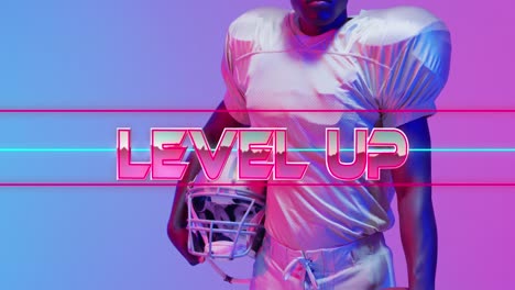 animation of level up text over american football player and neon lines