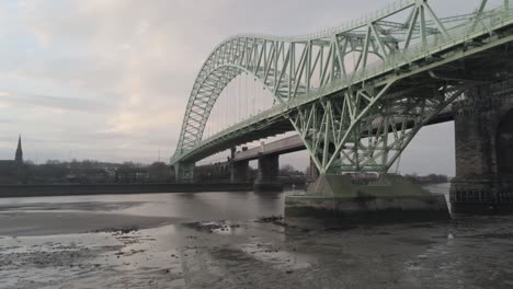 runcorn silver jubilee bridge aerial view at sunrise