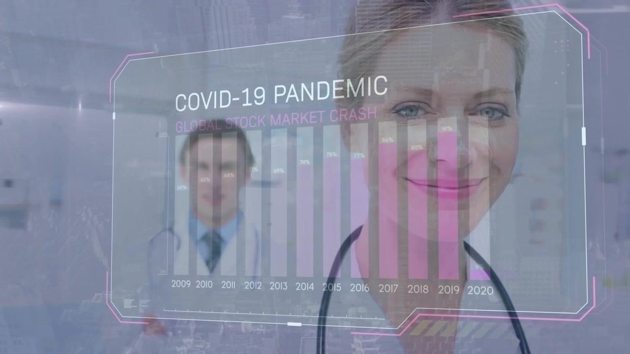Animation of data processing and pandemic text over caucasian doctors smiling