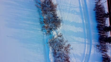 4k-Winter-aerial-flyover-sunset-reflection-shadow-trees-snow-covered-park-supply-storage-fenced-area-next-to-skate-path-connected-to-Canada's-largest-manmade-ice-rink-with-people-EDM-Victoria-Park2-6