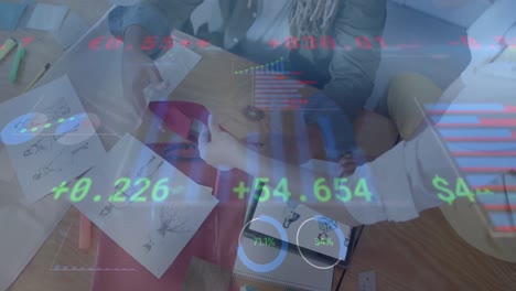 animación de datos financieros sobre diversos diseñadores en discusión en el estudio de moda